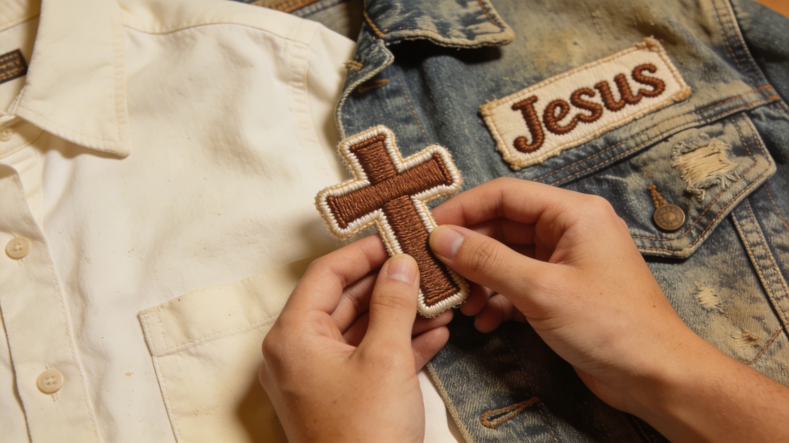 Cross patch on denim jacket detail