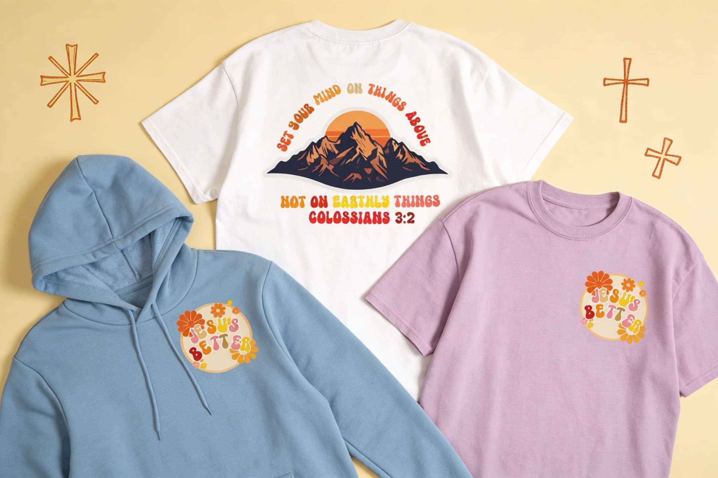 Jesus Better collection flatlay - tees and hoodies