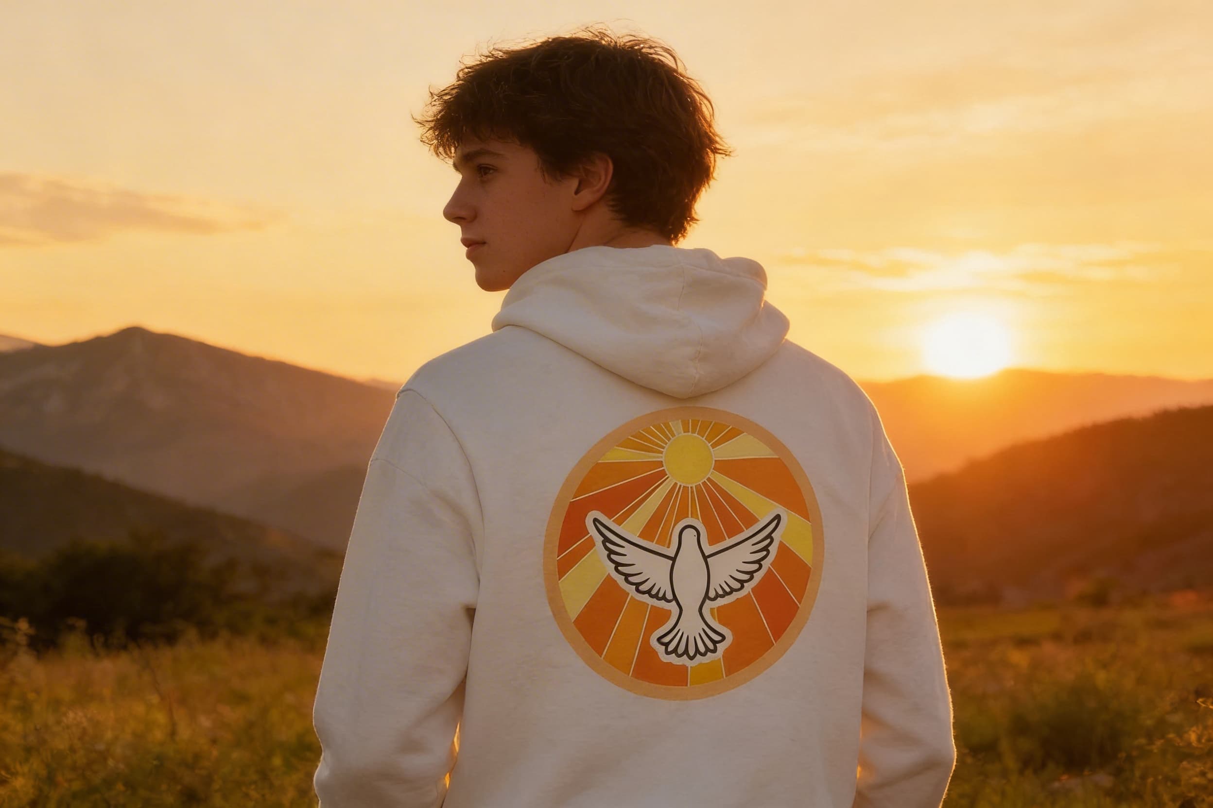 Jesus Better model wearing Dove Sun hoodie at sunset